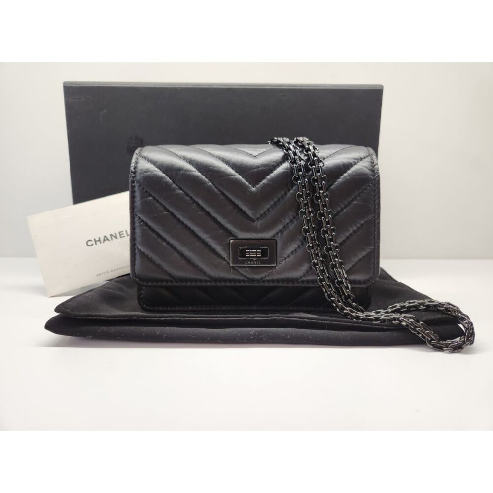 CHANEL So Black Chevron Wallet On Chain WOC Aged Calfskin Black HDW 18 Series